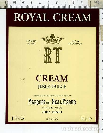 Etiquetas antiguas: ETIQUETA DE VINO CREAM JEREZ DULCE MARQUES DEL REAL TESORO JEREZ