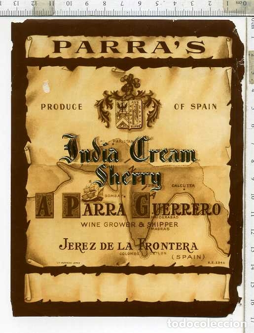 Etiquetas antiguas: ETIQUETA DE VINO INDIA CReam sherry  parras jeres de la frontera