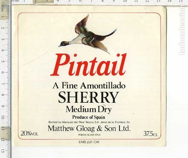 Etiquetas antiguas: ETIQUETA DE VINO PINTAIL FINIO AMONTILLADO SHERRY