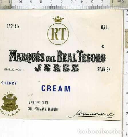 Etiquetas antiguas: ETIQUETA DE VINO CREAM MARQUES DEL REAL TESORO JREZ