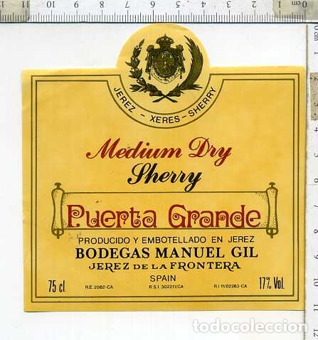 Etiquetas antiguas: ETIQUETA VINO  PUERTA GRANDE  BODEGAS MANUEL GIL JEREZ DE LA FRONTERA