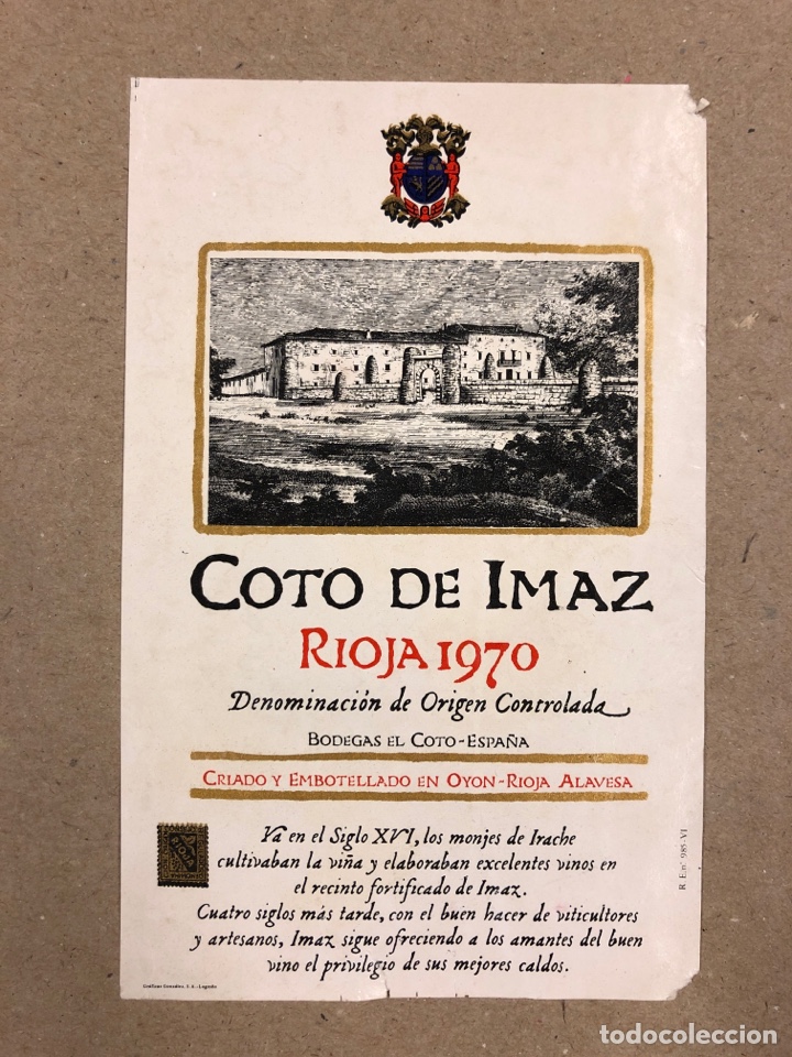 Etichette antiche: COTO DE IMAZ (RIOJA 1970). ETIQUETA BOTELLA DE VINO. 9,5 x 15 Cms.