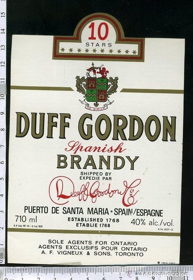 Etiquetas antiguas: ETIQUETA DUFF GORDON SPANISH BRANDY, PUERTO DE SANTA MARIA. VINO LICOR ...
