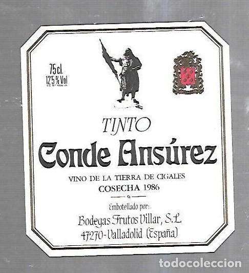 Alte Etiketten: ETIQUETA DE VINO. CONDE ANSUREZ. TINTO. COSECHA 1986. VINO DE LA TIERRA DE CIGALES
