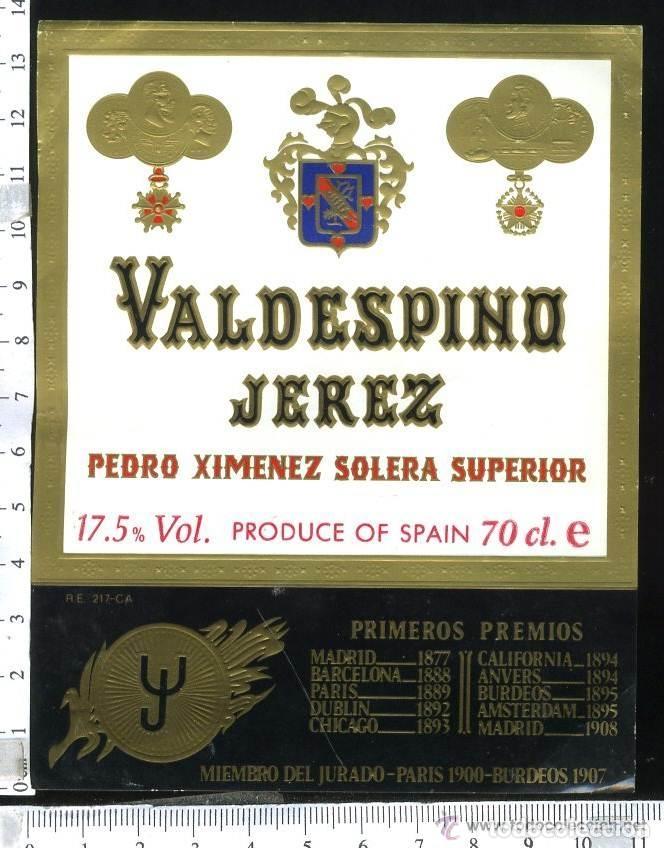 Etiquetas antiguas: ETIQUETA DE VINO VALDESPINO, JEREZ PEDRO XIMENEZ SOLERA SUPERIOR