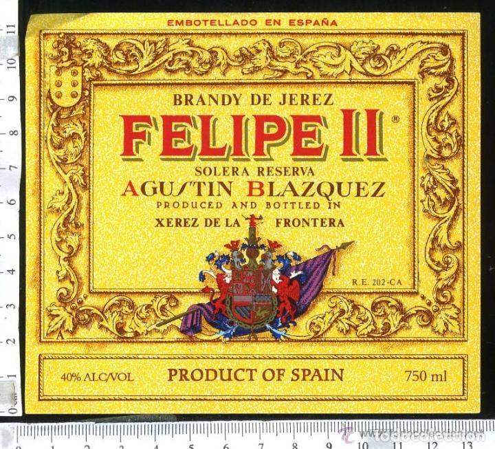 Etiquetas antiguas: ETIQUETA VINO BRANDY DE JEREZ FELIPE II