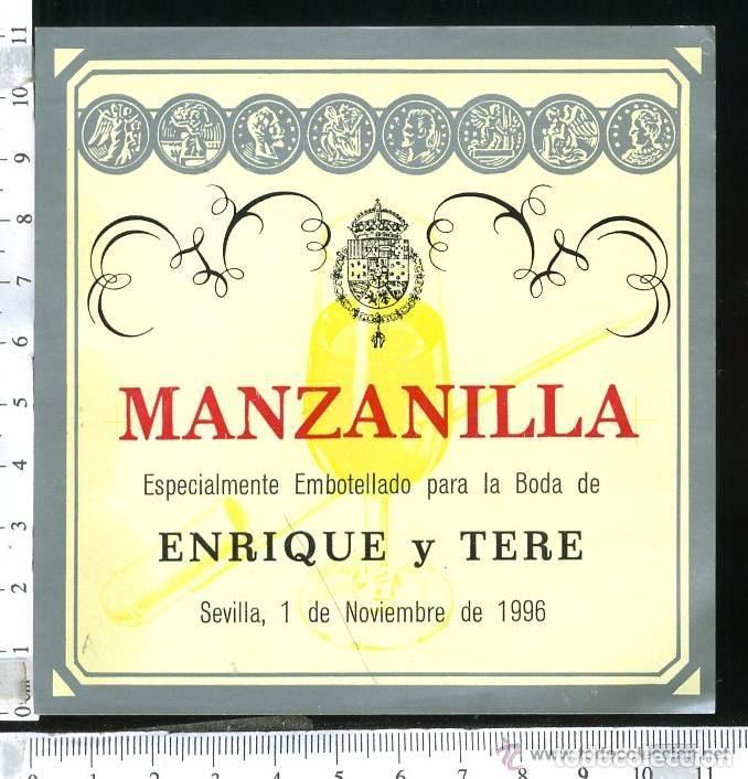 Etiquetas antiguas: ETIQUETA DE VINO MANZANILLA EMBOTELLADA PARA LA BODA DE ENRIQUE Y TERE, 1996