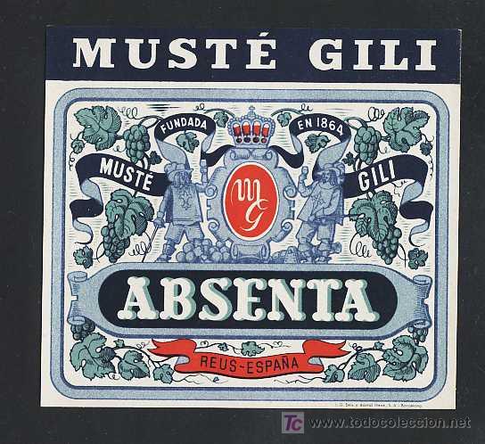 Etiquetas antiguas: Etiqueta de licor ABSENTA Muste Gili de Reus. Etiquette Absinthe label
