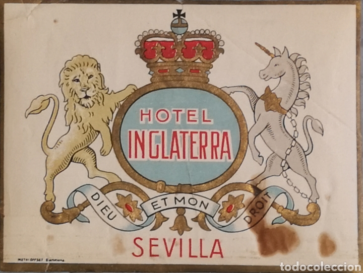Etiquetas antiguas: Etiqueta para maleta del hotel Inglaterra (Sevilla). A&ntilde;os 40