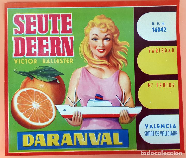 Old Labels: GRAN ETIQUETA CARTEL ITO NARANJAS SEUTE DEERN DARANVAL BARCO CHICA VALENCIA ORIGINAL K1