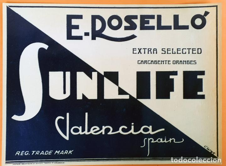 Etiquetas antiguas: GRAN ETIQUETA CARTEL ITO NARANJAS SUNLIFE AZUL E ROSELLO CARCAGENTE VALENCIA ANTIGUA ORIGINAL K1
