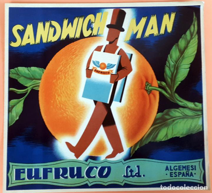 Old Labels: GRAN ETIQUETA CARTEL ITO NARANJAS SANDWICH MAN EUFRUCO ALGEMESI VALENCIA GRANDE ORIGINAL K2