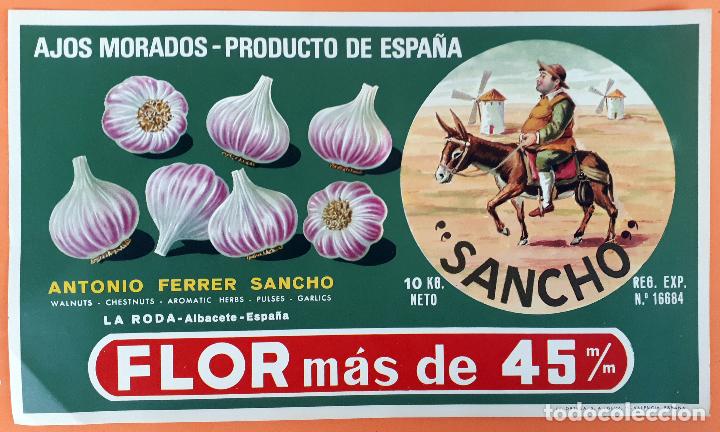 Etiquetas antiguas: GRAN ETIQUETA CARTEL ITO AJOS SANCHO QUIJOTE FLOR ANTONIO FERRER LA RODA ALBACETE ORIGINAL K7