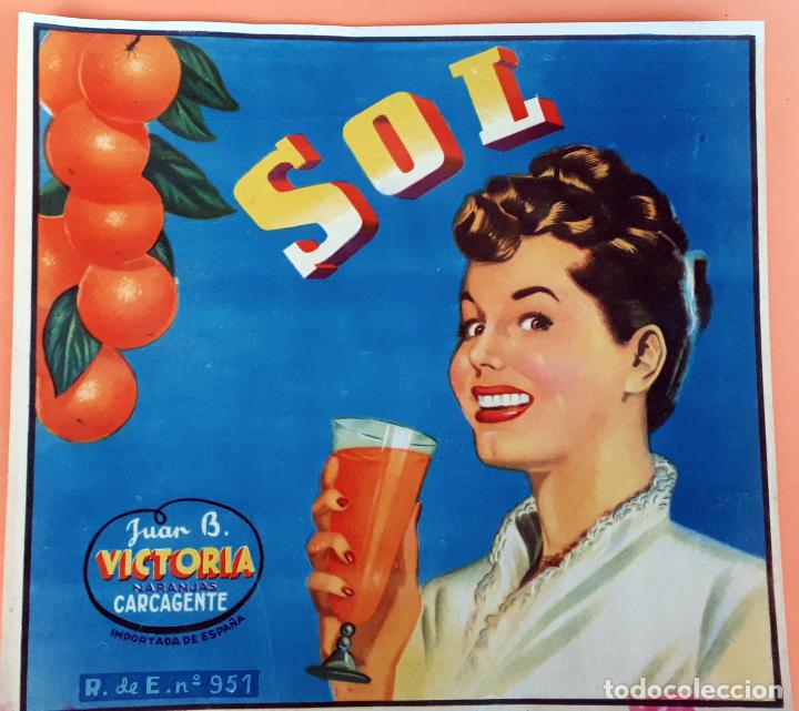 Old Labels: GRAN ETIQUETA CARTEL ITO NARANJAS SOL JUAN VICTORIA MUJER CARCAGENTE VALENCIA ORIGINAL K5