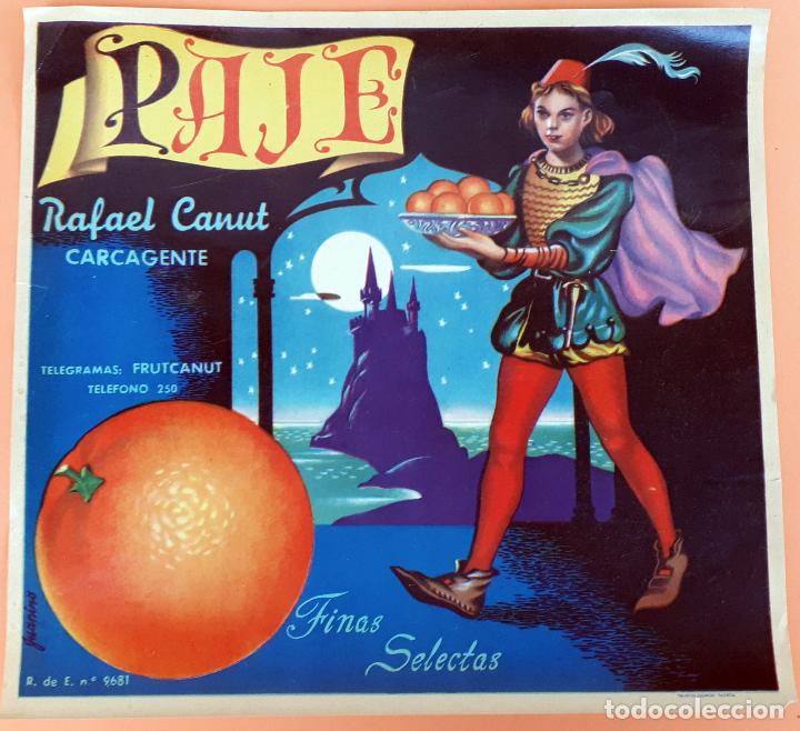 Old Labels: GRAN ETIQUETA CARTEL ITO NARANJAS PAJE RAFAEL CANUT CARCAGENTE VALENCIA GRANDE ORIGINAL K3