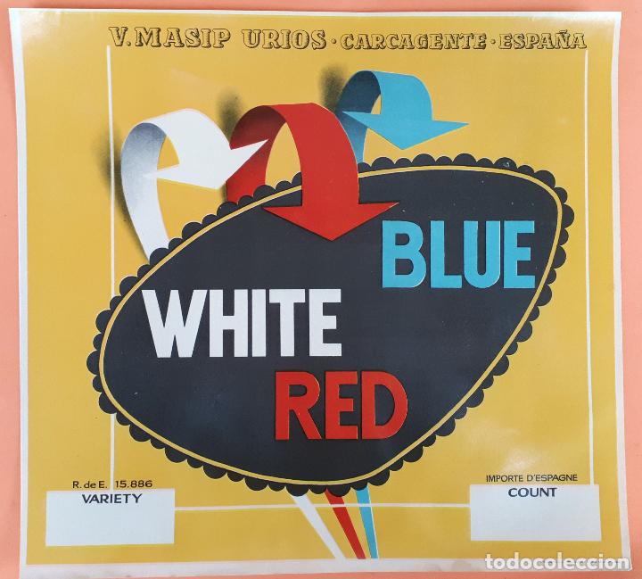 Etiquetas antiguas: CARTEL ITO ETIQUETA NARANJAS BLUE WHITE RED AZUL BLANCO ROJO MASIP CARCAGENTE VALENCIA ORIGINAL K4
