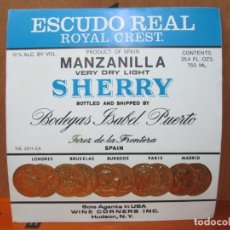 Etiquetas antiguas: ANTIGUA ETIQUETA, ESCUDO REAL ROYAL CREST MANZANILLA SHERRY JEREZ