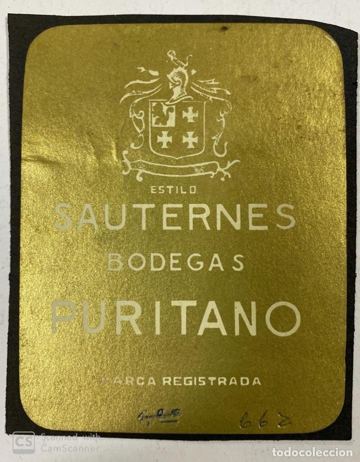 Alte Etiketten: ETIQUETA DE VINO. CUBA. BODEGAS PURITANO. ESTILO SAUTERNES.