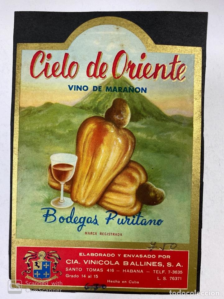 Alte Etiketten: ETIQUETA DE VINO. CUBA. BODEGAS PURITANO. CIELO DE ORIENTE. VINO DE MARA&Ntilde;ON.