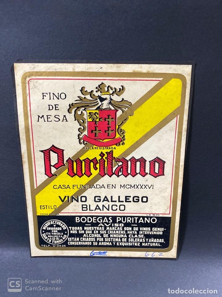 Alte Etiketten: ETIQUETA DE VINO. CUBA. BODEGAS. PURITANO. VINO GALLEGO BLANCO. FINO DE MESA.