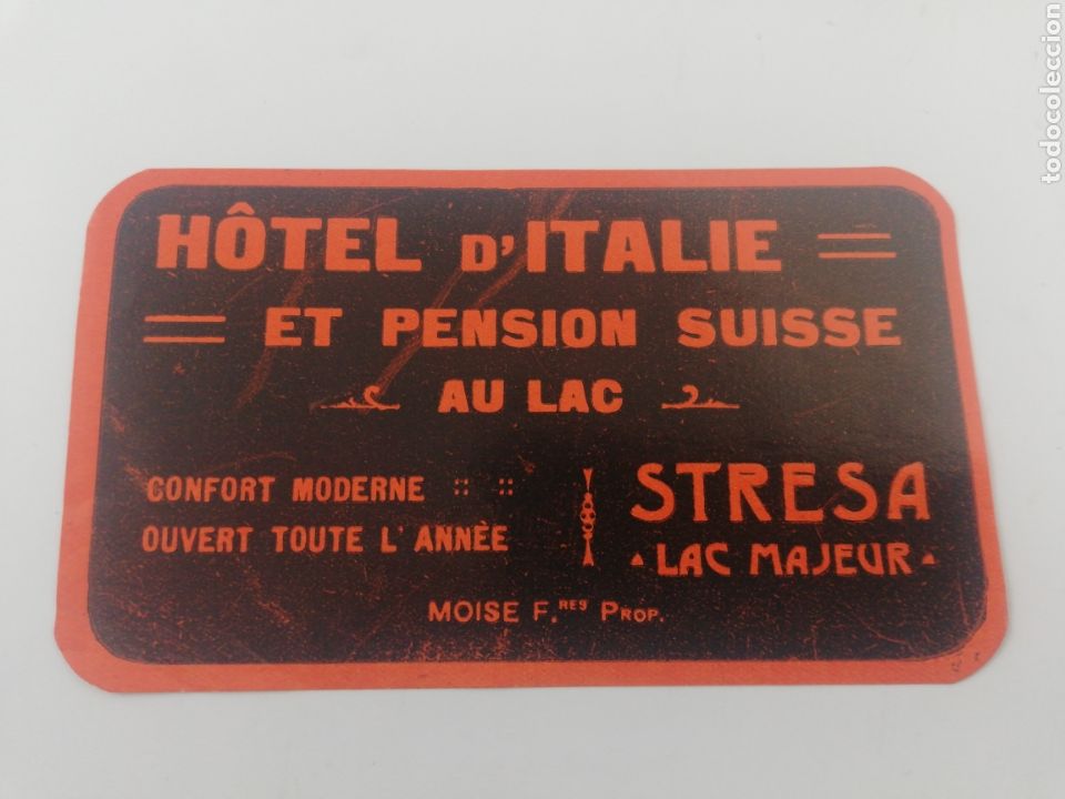 Etiquetas antiguas: ETIQUETA HOTEL D'ITALIE ET PENSION SUISSE AU LAC STRESA ITALIA LUGGAGE LABEL 12,5X7CM