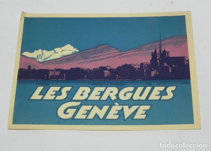 Etiquetas antiguas: ETIQUETA PARA MALETA GENEVE, LES BERGUES, LUGGAGE LABEL, SUIZA, MIDE 14 X 10 CMS.