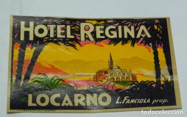 Etiquetas antiguas: ETIQUETA PARA MALETA HOTEL REGINA, LOCARNO, L. FANCIOLA, LUGGAGE LABEL, MIDE 8 X 5 CMS.