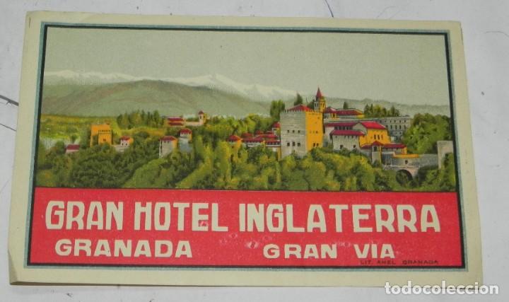 Etiquetas antiguas: ETIQUETA PARA MALETA GRAN HOTEL INGLATERRA, GRANADA, LUGGAGE LABEL, MIDE 14 X 9 CMS.