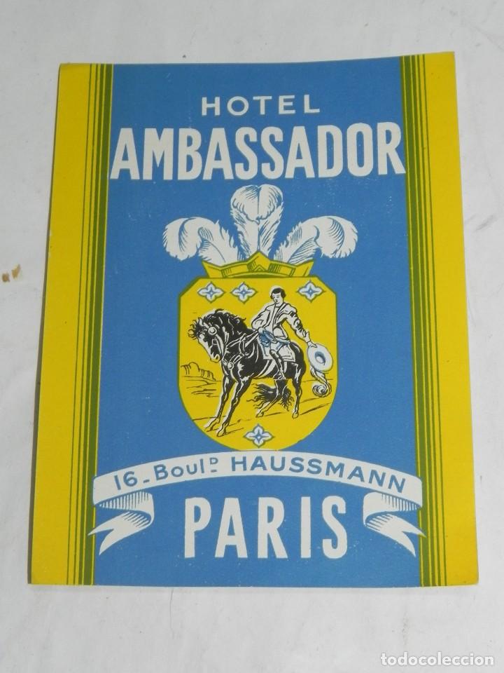 Etiquetas antiguas: ETIQUETA PARA MALETA HOTEL AMBASSADOR, PARIS, LUGGAGE LABEL, MIDE 11,5 X 9 CMS.