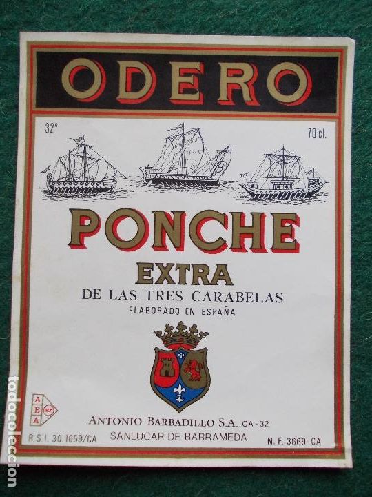 &Eacute;tiquettes anciennes: ETIQUETA ODERO PONCHE EXTRA DE LAS TRES CARABELAS SANLUCAR