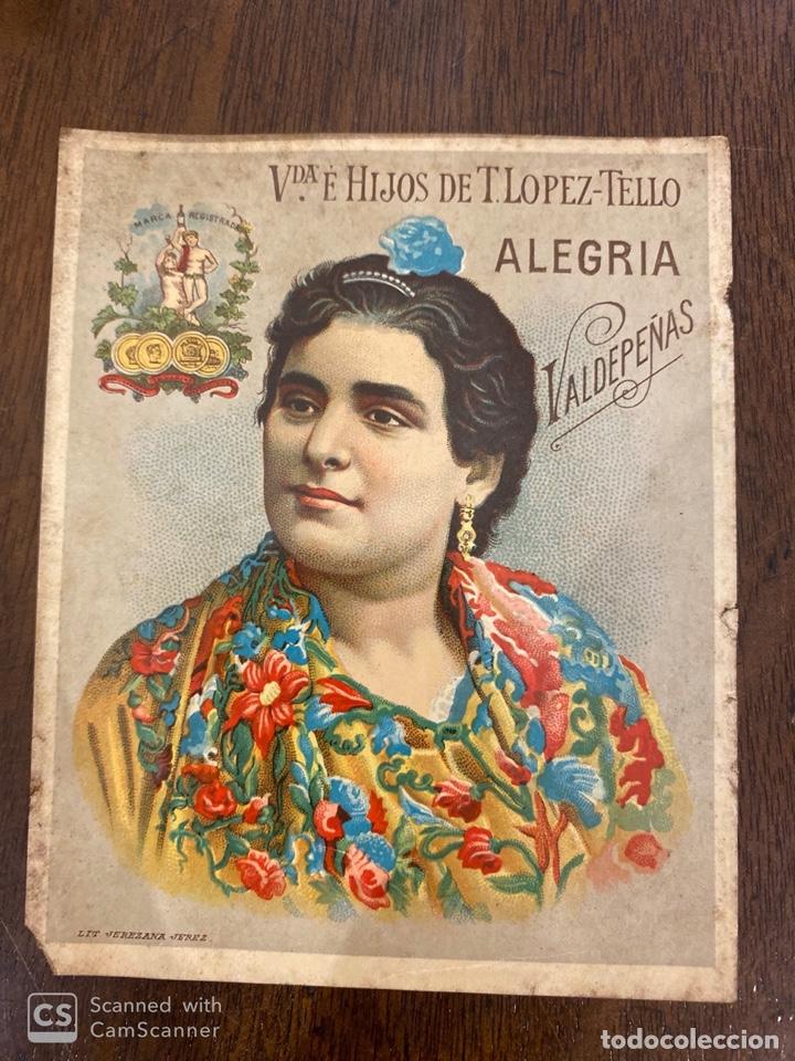 Old Labels: ETIQUETAS. VDA. E HIJOS DE T.LOPEZ-TELLO. ALEGRIA. VALDEPE&Ntilde;AS. 10 X 12 CM.