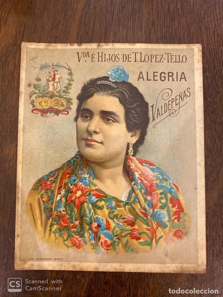 Old Labels: ETIQUETAS. VDA. E HIJOS DE T.LOPEZ-TELLO. ALEGRIA. VALDEPE&Ntilde;AS. 10 X 12 CM.
