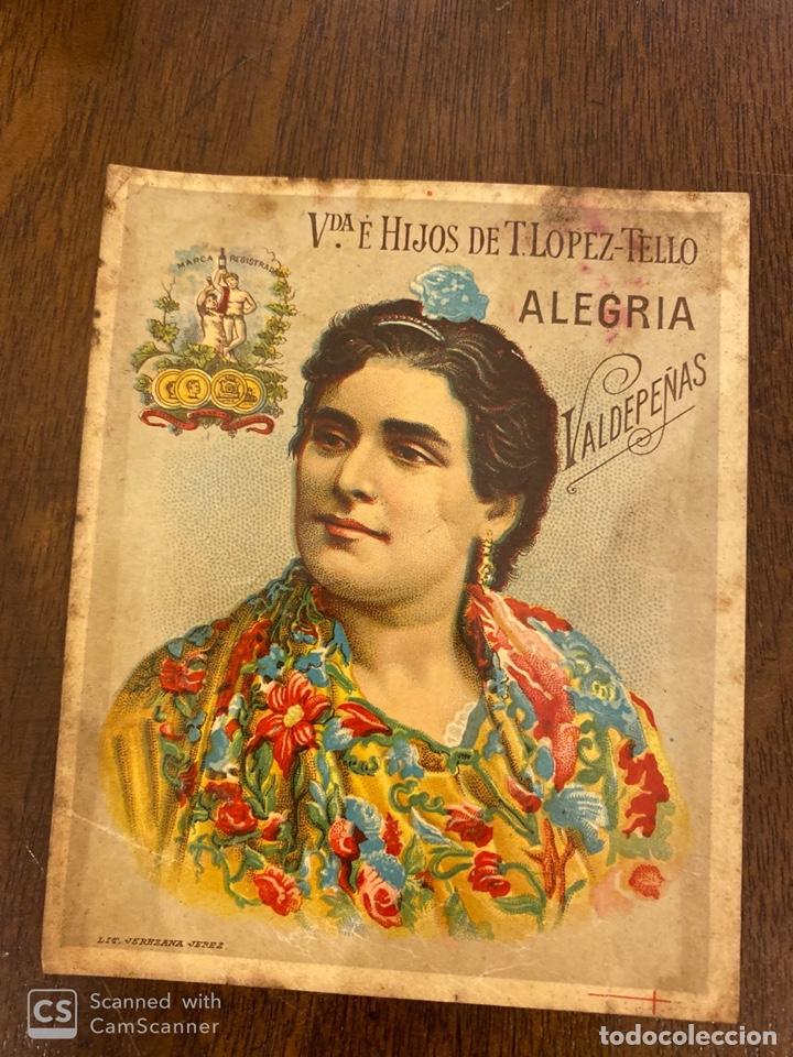 Old Labels: ETIQUETAS. VDA. E HIJOS DE T.LOPEZ-TELLO. ALEGRIA. VALDEPE&Ntilde;AS. 10 X 12 CM.