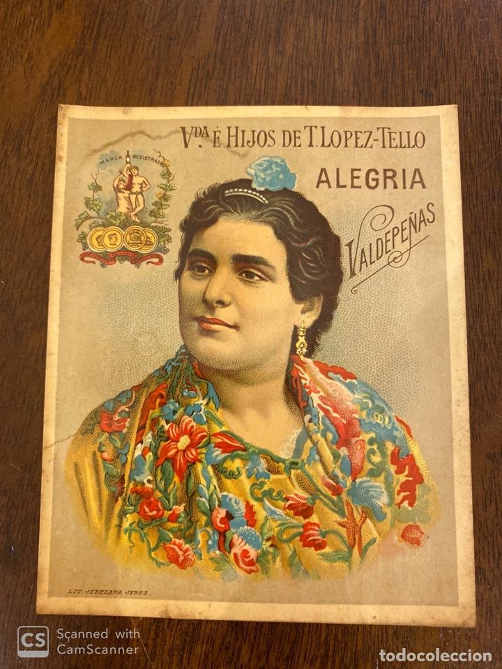 Old Labels: ETIQUETAS. VDA. E HIJOS DE T.LOPEZ-TELLO. ALEGRIA. VALDEPE&Ntilde;AS. 10 X 12 CM.