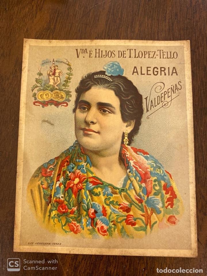 Old Labels: ETIQUETAS. VDA. E HIJOS DE T.LOPEZ-TELLO. ALEGRIA. VALDEPE&Ntilde;AS. 10 X 12 CM.