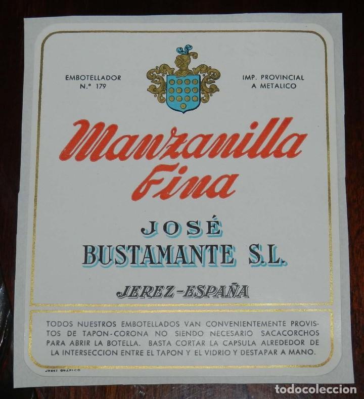 Etichette antiche: ETIQUETA DE MANZANILLA FINA, JOSE BUSTAMANTE S.L. JEREZ, MIDE 11 X 10 CMS.