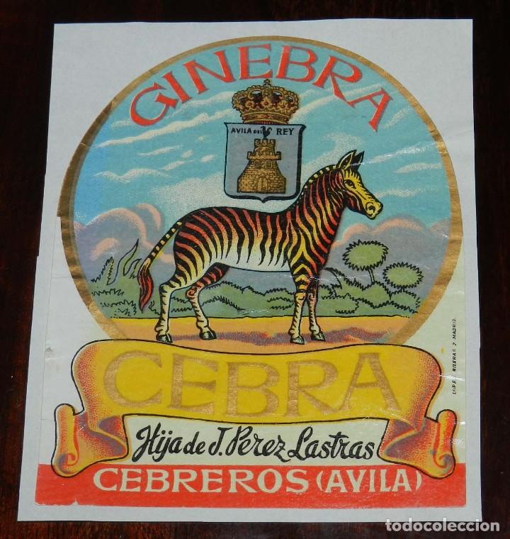 Etiquetas antiguas: ETIQUETA GINEBRA CEBRA, HIJA DE J. PEREZ LASTRAS, CEBREROS, AVILA, MIDE 11 X 9 CMS.
