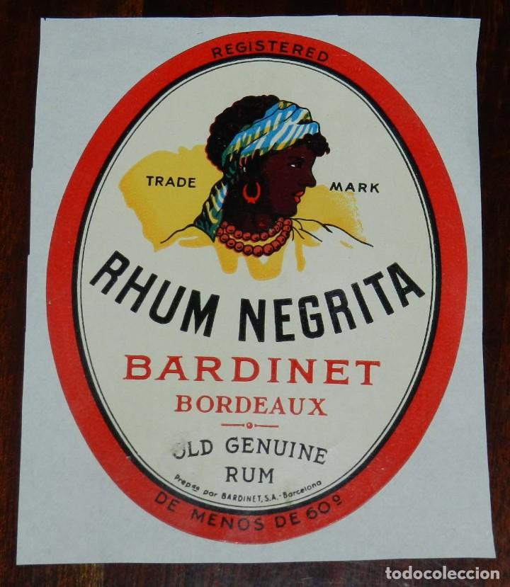 Etichette antiche: ETIQUETA RHUM NEGRITA, BARDINET, BORDEAUX, MIDE 10 X 8 CMS.