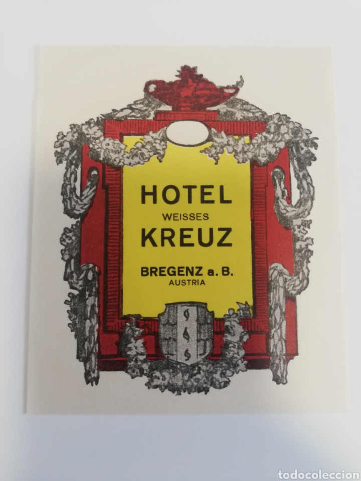 Etiquetas antiguas: ETIQUETA HOTEL WEISSES KREUZ, BREGENZ AUSTRIA, LUGGAGE LABEL, MALETA ANTIGUA.