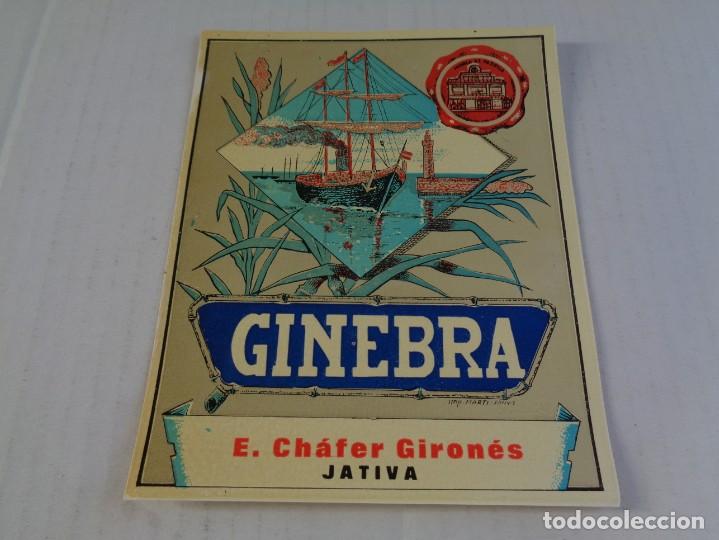Etiquetas antiguas: ETIQUETA DE  GINEBRA. E. CH&Aacute;FER GIRON&Eacute;S. JATIVA. 11,5X14,5