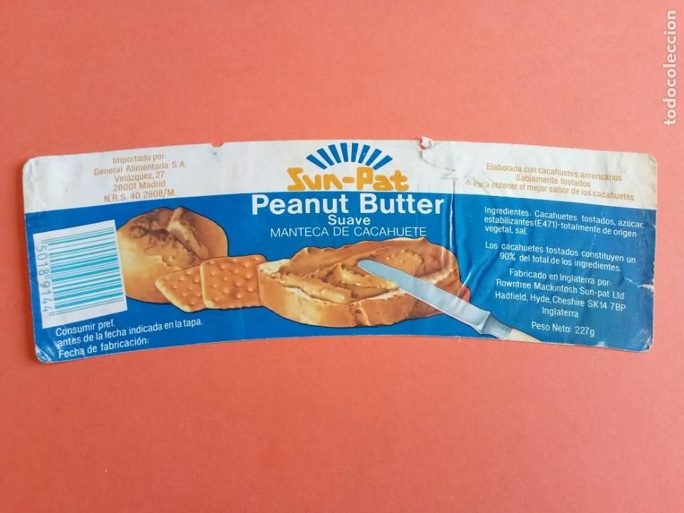 Etichette antiche: Etiqueta Antigua de manteca de Cacahuete PEANUT BUTTER SUN PAT