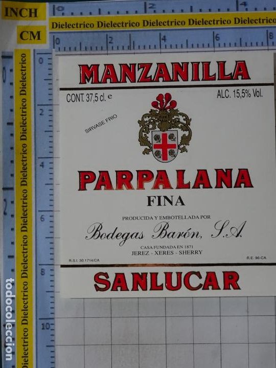 Etichette antiche: ETIQUETA DE BEBIDAS. VINOS LICORES. SANL&Uacute;CAR DE BARRAMEDA. MANZANILLA PARPALANA FINA. 90