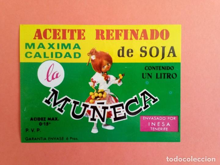 Alte Etiketten: Etiqueta Antigua de aceite refinado de soja marca LA MU&Ntilde;ECA. Inesa Tenerife
