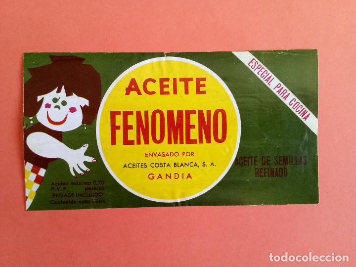 Alte Etiketten: Etiqueta Antigua de aceite de semillas refinado marca FENOMENO, Aceites Costa Blanca Gand&iacute;a