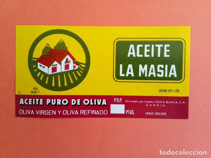 Alte Etiketten: Etiqueta Antigua de aceite puro de oliva marca LA MASIA. Gand&iacute;a
