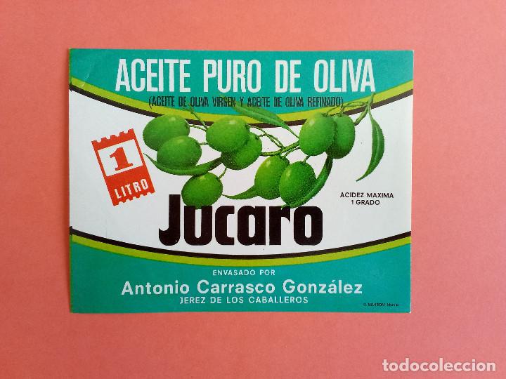 Alte Etiketten: Etiqueta Antigua de aceite puro de oliva marca JUCARO. Jerez de Los Caballeros