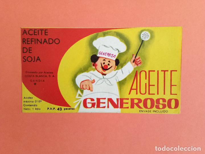 Alte Etiketten: Etiqueta Antigua de aceite refinado de soja marca GENEROSO. Gand&iacute;a