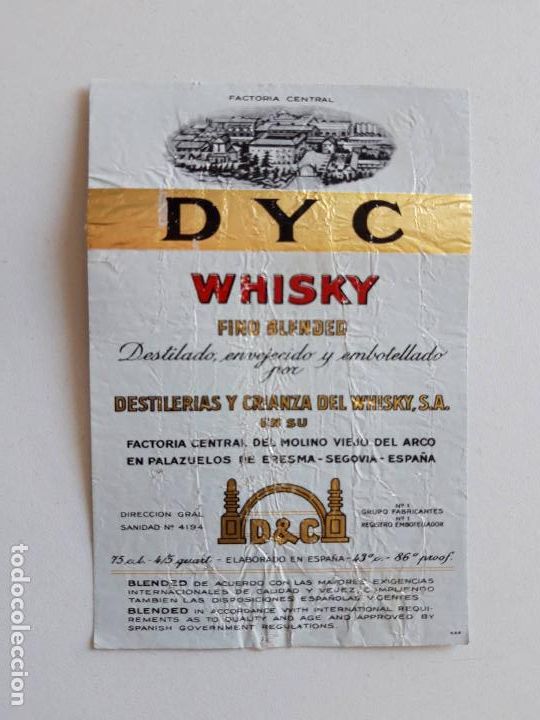 Etiquetas antiguas: DYC Whisky, etiqueta 7032, despegada de botella