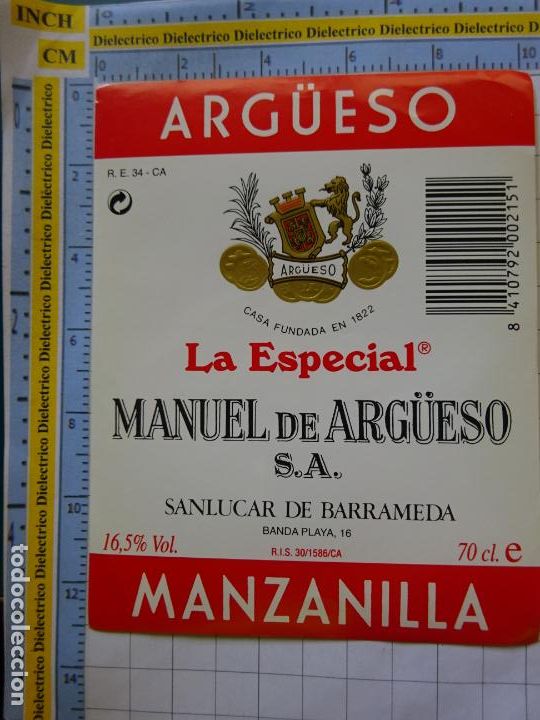Etichette antiche: ETIQUETA DE BEBIDAS. VINO LICORES. MANZANILLA LA ESPECIAL MANUEL ARG&Uuml;ESO. SANLUCAR BARRAMEDA. 96