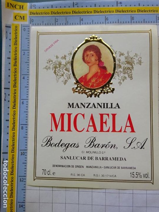 Alte Etiketten: ETIQUETA DE BEBIDAS. VINO LICORES. SANL&Uacute;CAR DE BARRAMEDA, MANZANILLA MICAELA. 97